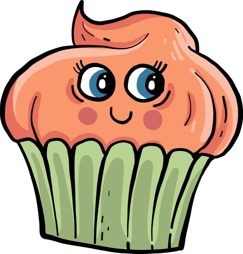 Orange happy cupcake, illustration, vector on white background.