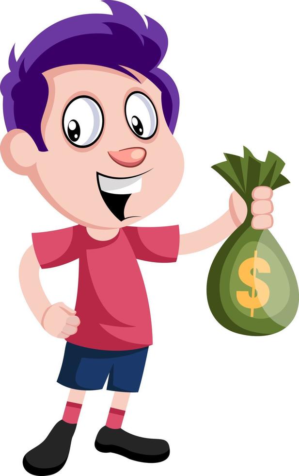 niño con bolsa de dinero, ilustración, vector sobre fondo blanco.