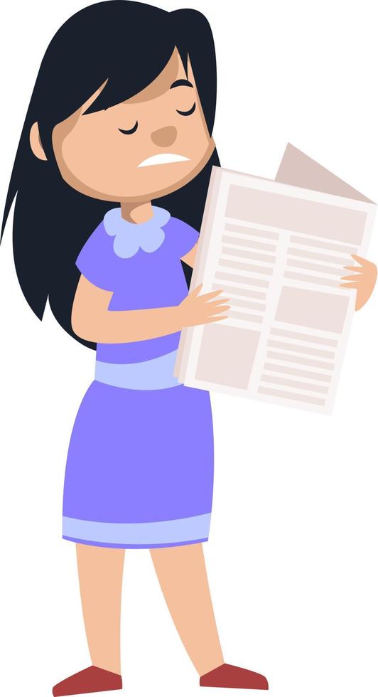 Girl reading newspaper, illustration, vector on white background.