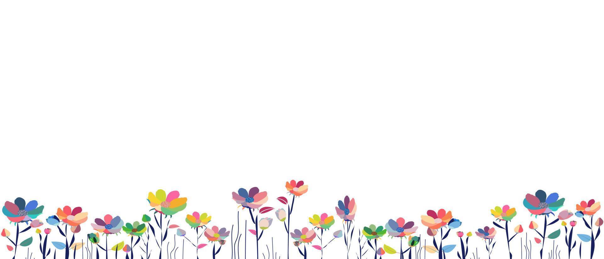 pancarta blanca horizontal o telón de fondo floral decorado con hermosas flores multicolores y hojas primavera borde botánico plano sobre fondo blanco. vector