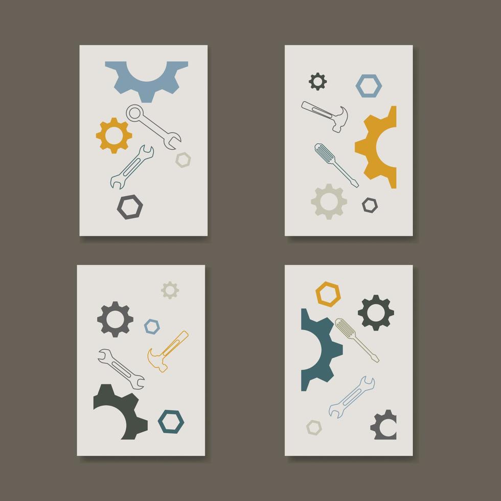 Set of 4 abstract mechanical tools posters vector illustration