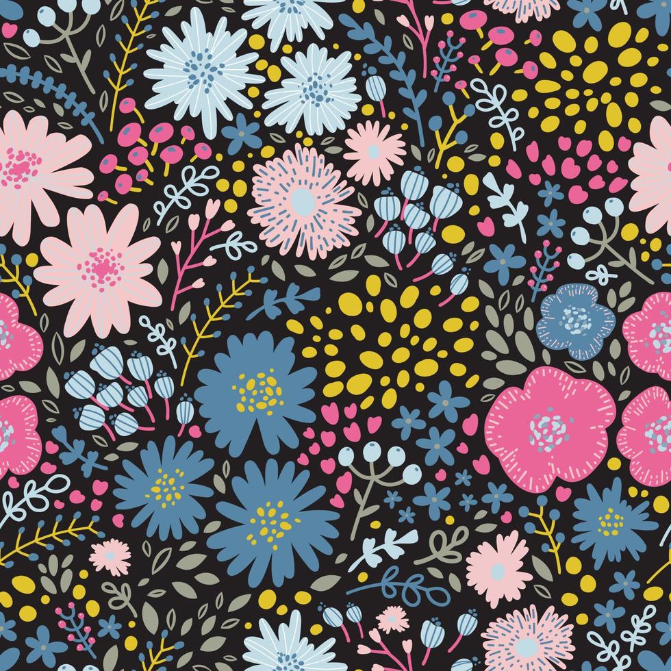 Amazing seamless floral pattern with bright colorful flowers and leaves on a black background. The elegant template for fashion prints. Modern floral background. Folk style. vector