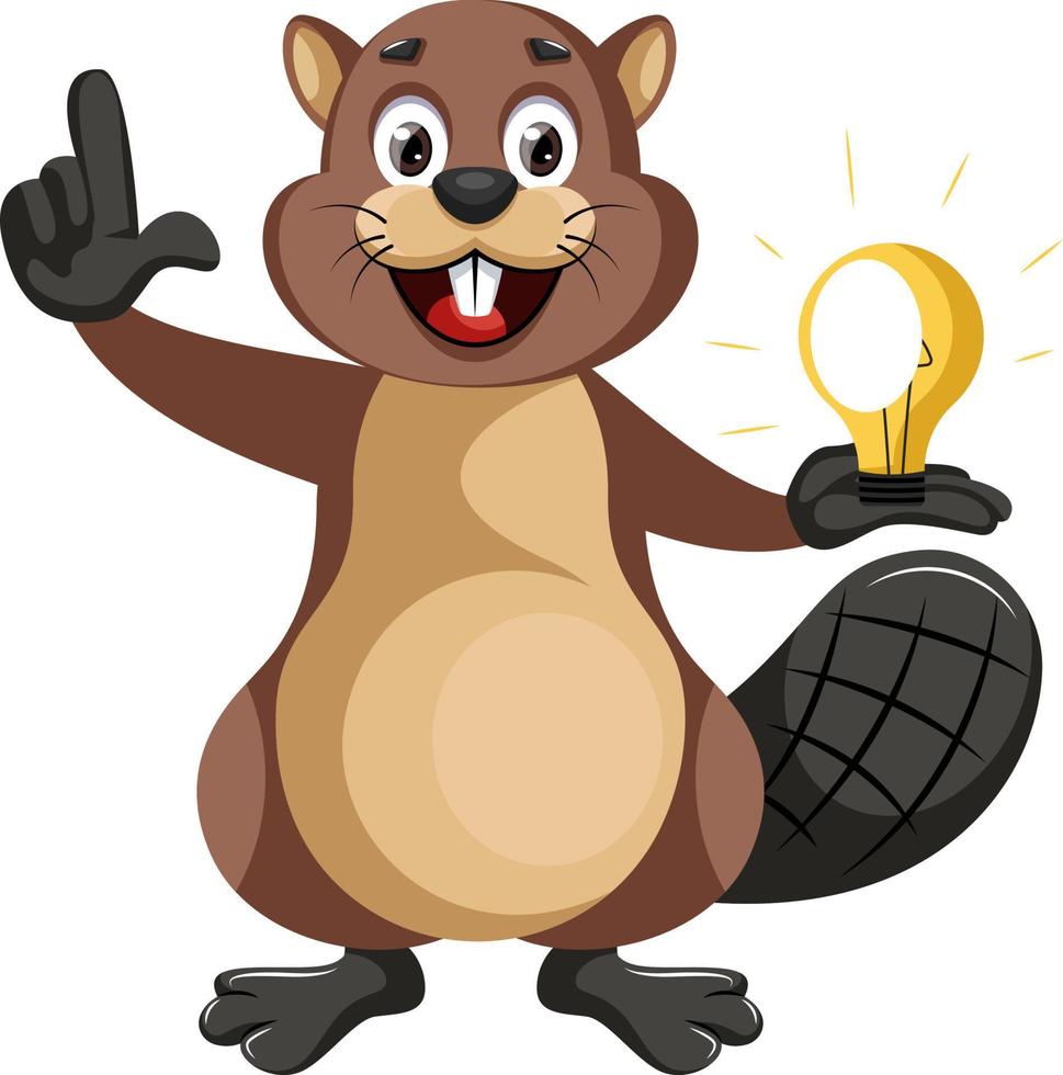 Beaver with lighting bulb, illustration, vector on white background.