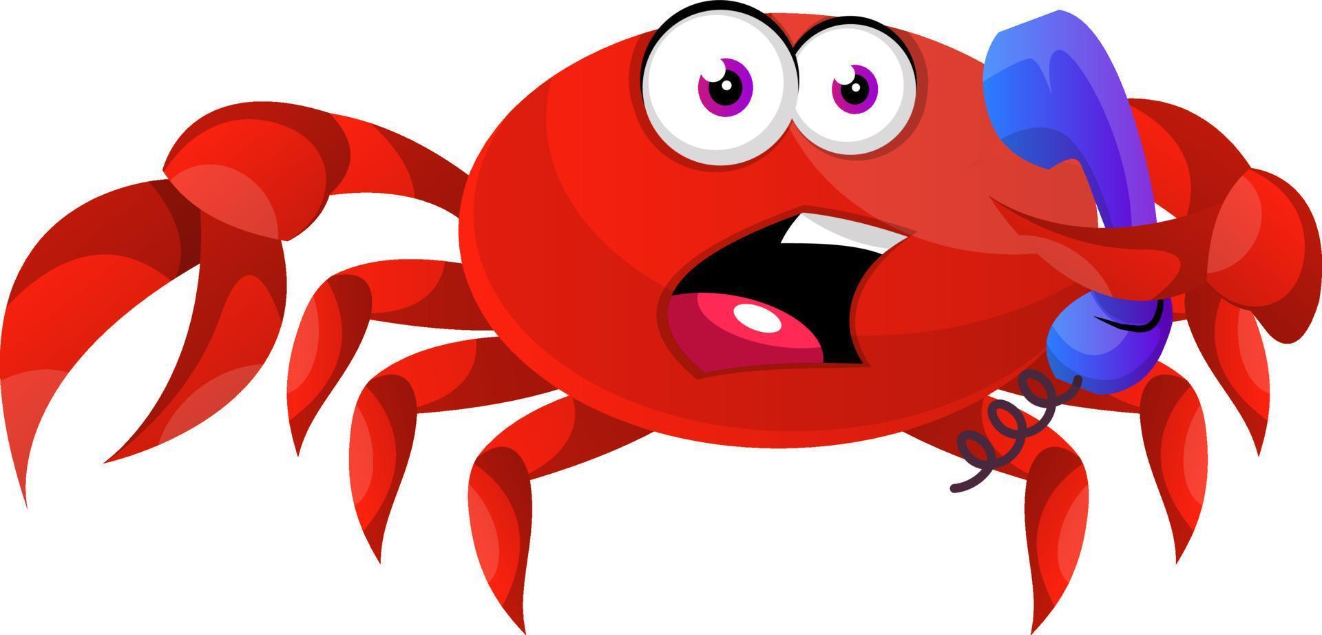 Crab with telephone, illustration, vector on white background.