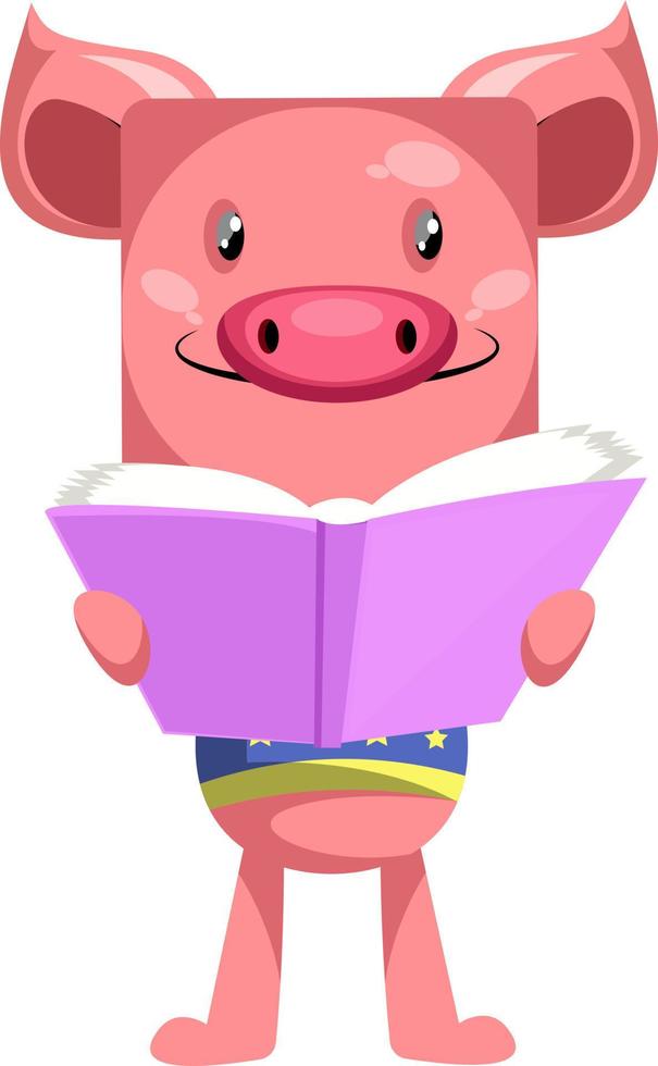 Pig reading book, illustration, vector on white background.