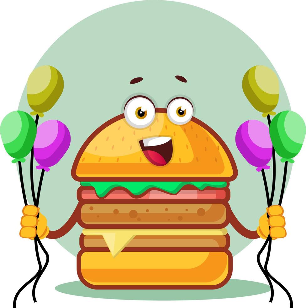 hamburguesa sonriente está sosteniendo globos, ilustración, vector sobre fondo blanco.