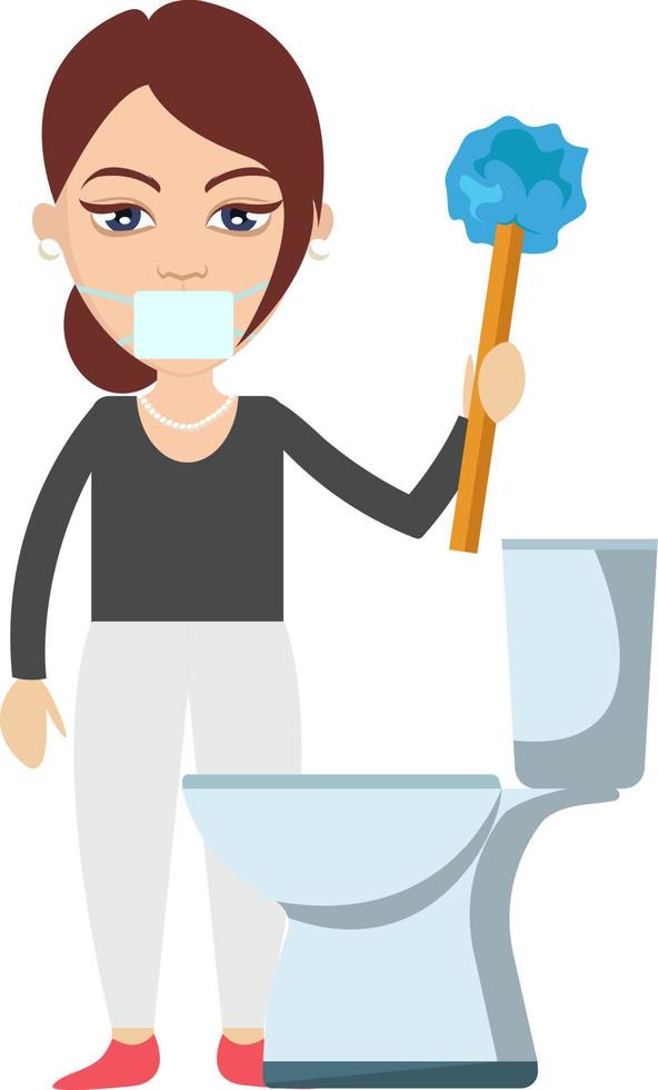 Woman cleaning toilet, illustration, vector on white background.