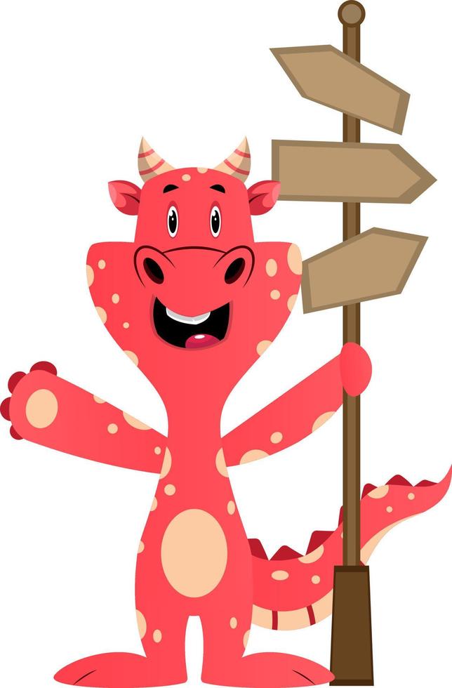 Red dragon is holding road direction sign, illustration, vector on white background.