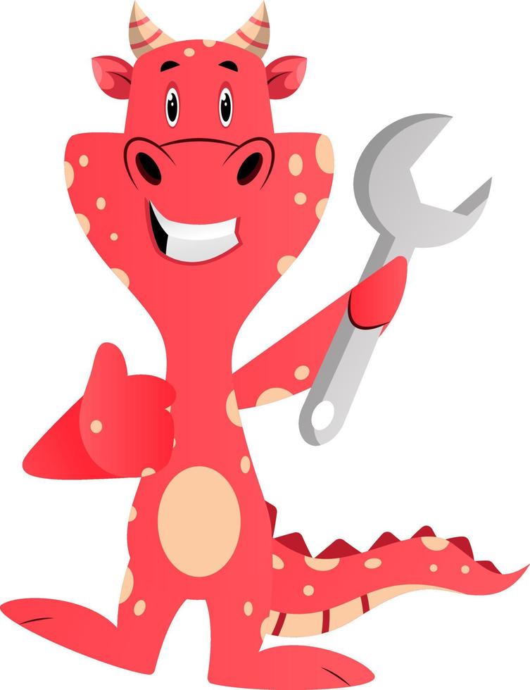 Red dragon is holding wrench tool, illustration, vector on white background.