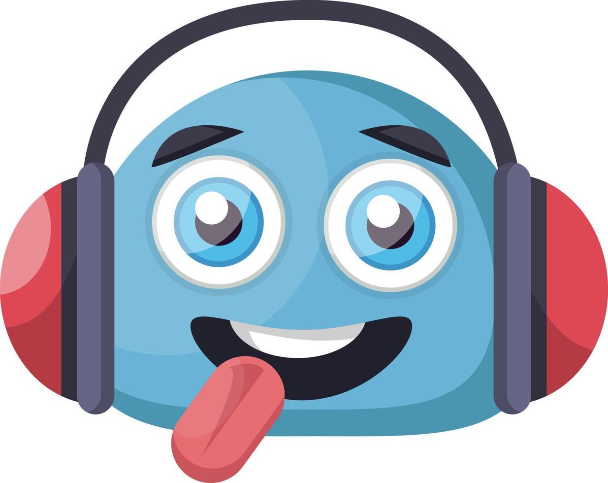 cara de emoji feliz azul con ilustración de vector de auriculares sobre un fondo blanco