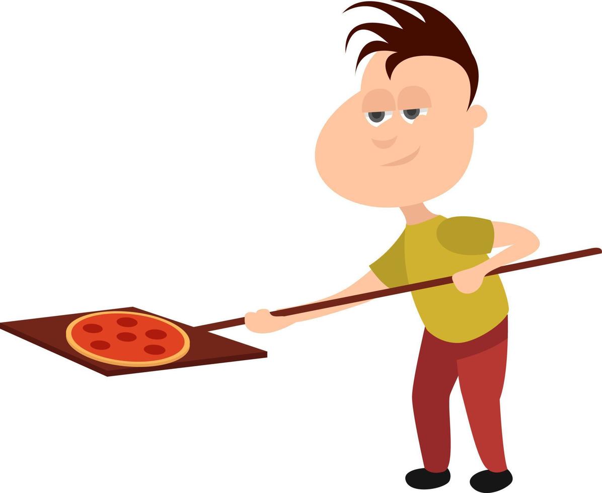 hombre cocinar pizza, ilustración, vector sobre fondo blanco