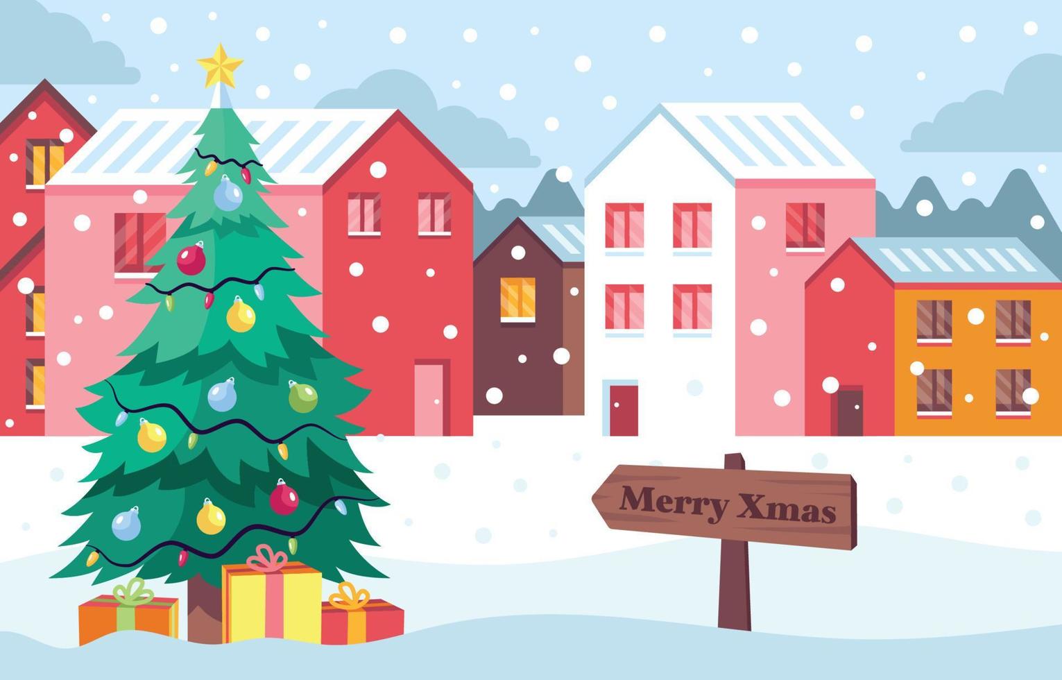 Christmas Tree Snowy Village Landscape vector