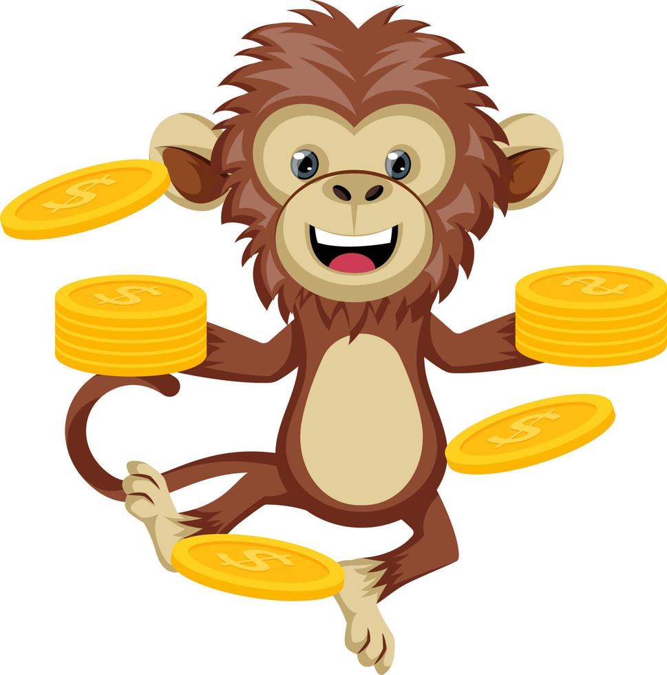 Monkey with coins, illustration, vector on white background.