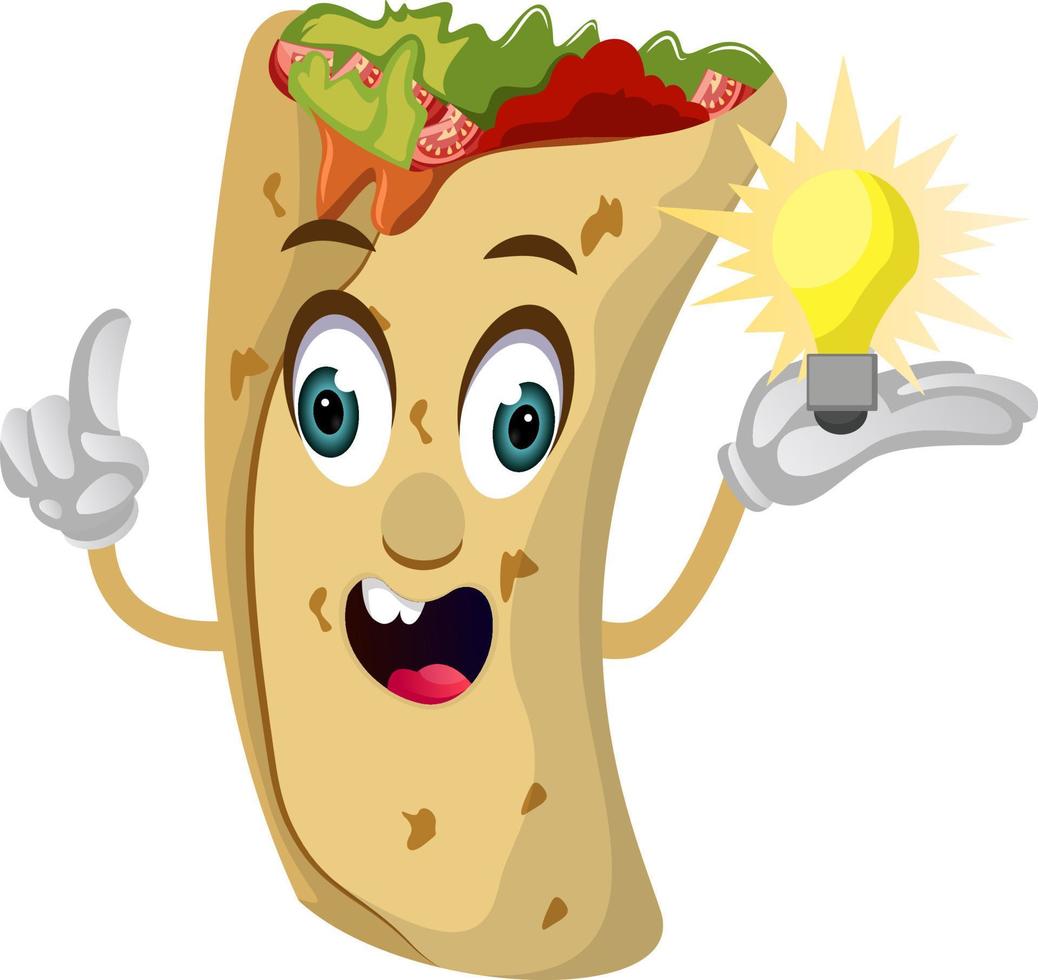 Burrito with lightbulb, illustration, vector on white background.