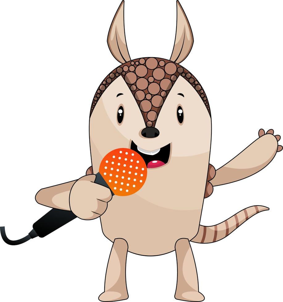 Armadillo singing on microphone, illustration, vector on white background.