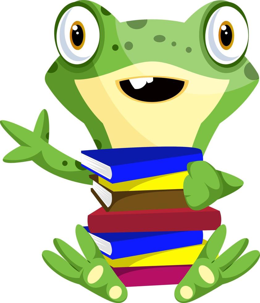 Nerd baby frog carrying books, illustration, vector on white background.