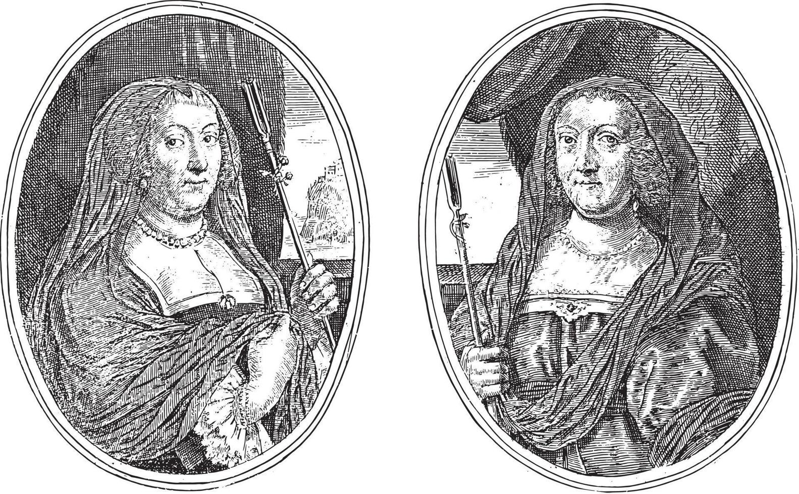 Portraits of an high-ranking woman and Countess Catharina van den Berg, vintage illustration. vector