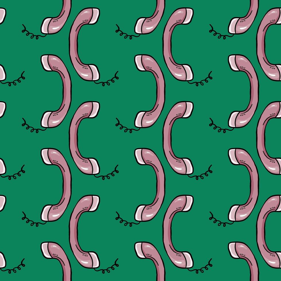 Pink line telephone , seamless pattern on a dark green background. vector