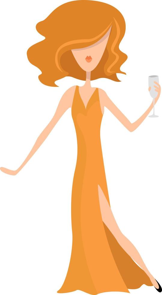 Woman in orange dress , illustration, vector on white background