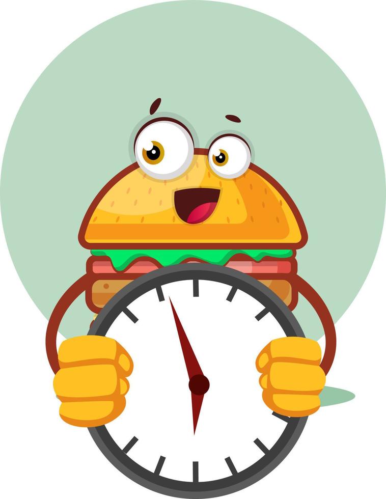 Burger está sosteniendo un reloj, ilustración, vector sobre fondo blanco.