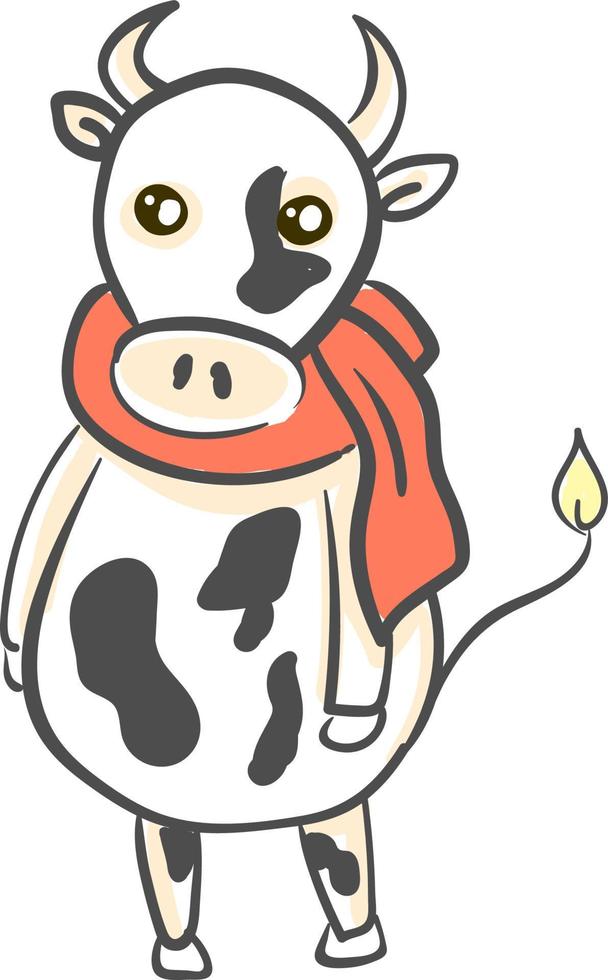 una vaca con una bufanda naranja, vector o ilustración de color.