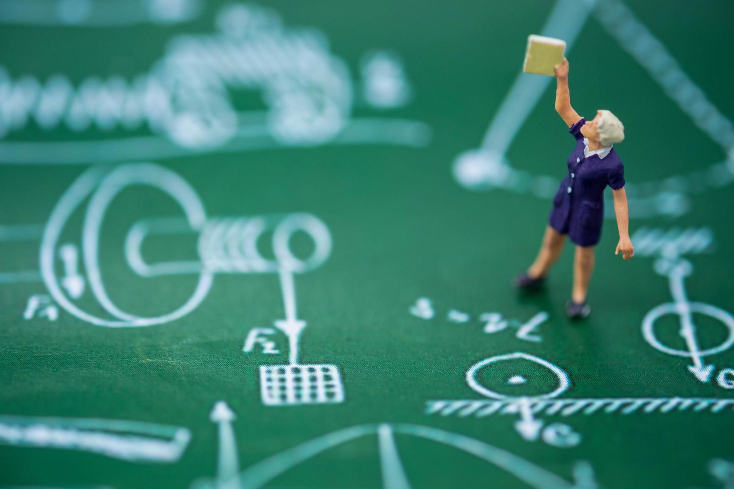 Miniature teacher standing on green borad area, back to school photo