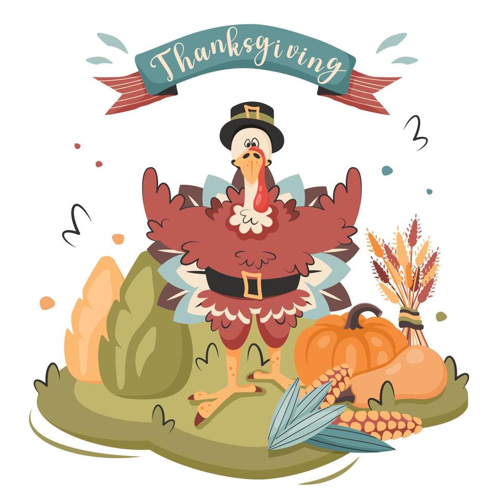 Cute turkey with traditional hat stands on garden and congratulates. Thanksgiving card. Autumn harvest, pumpkins, ears of wheat, corn, frame. Vector cartoon illustration for banner, poster, invitation