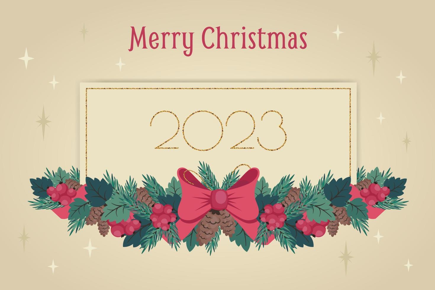 New Year's banner. Christmas greeting card with Christmas wreath, golden text, horizontal frame. Vintage winter holiday background. Vector illustration for festive poster, invitation, flyer