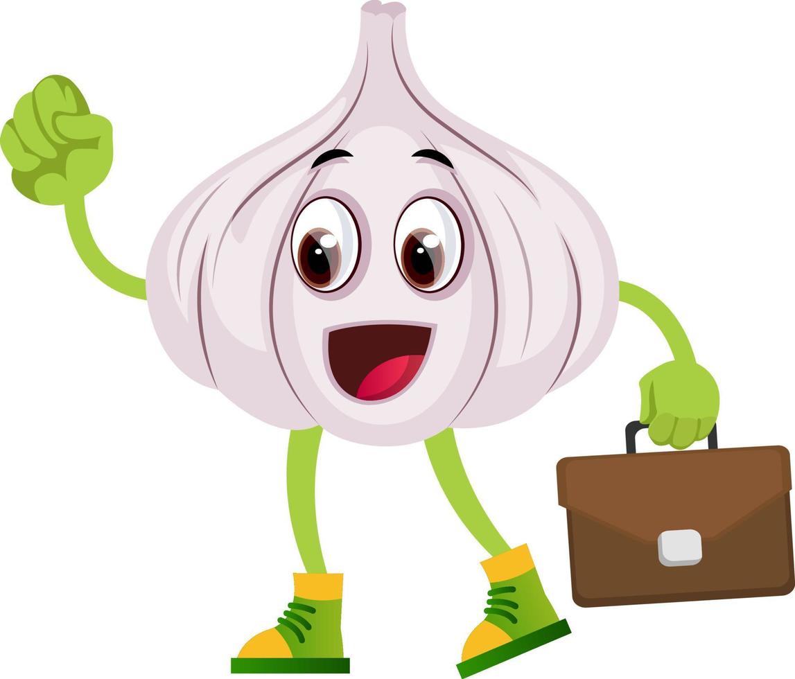 Garlic with suitcase, illustration, vector on white background.