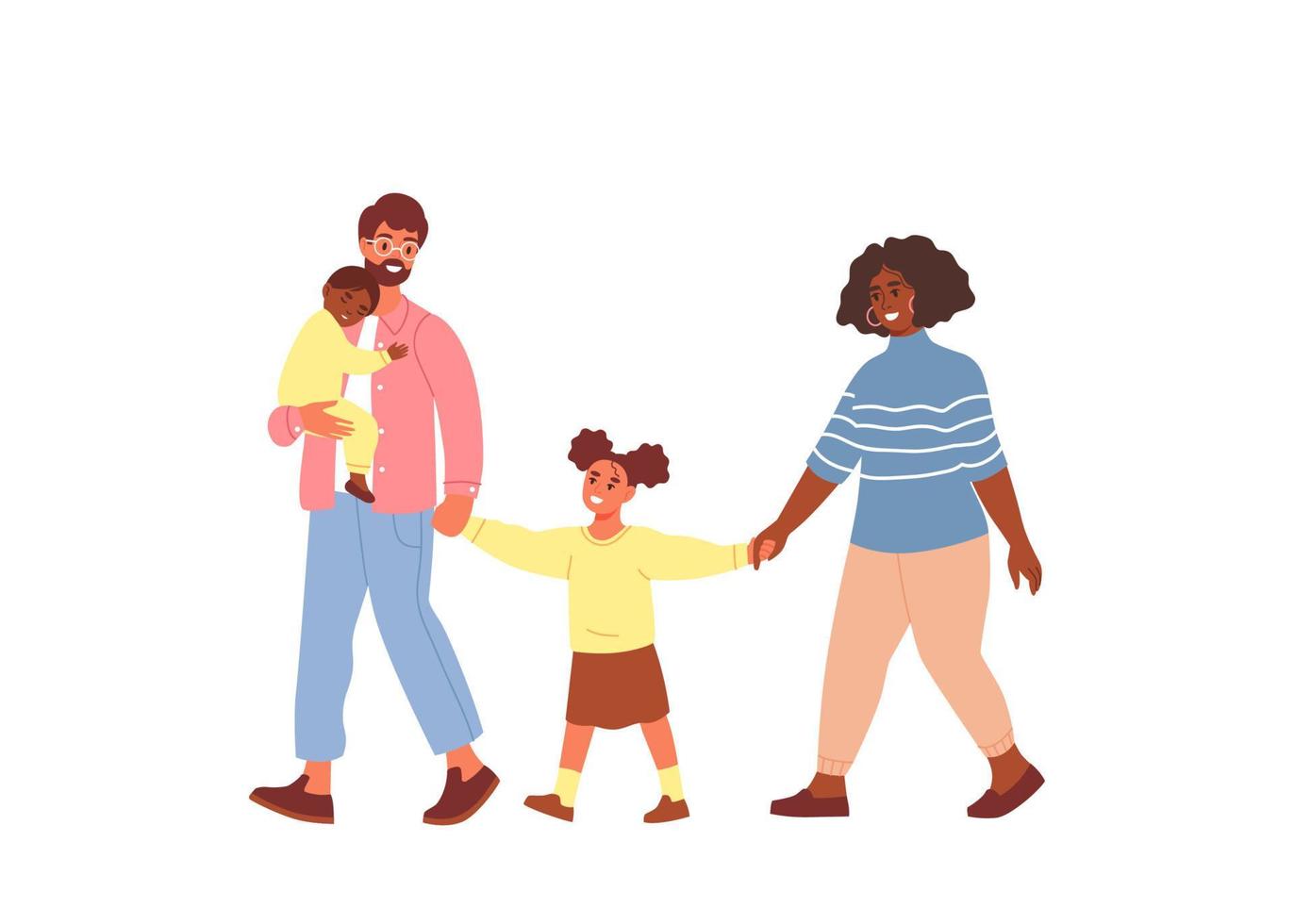 Happy family walks. Parents and children spending time together. Flat vector illustration.