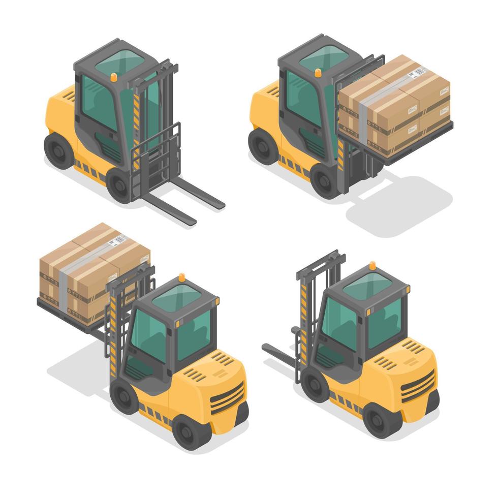 forklift shipment warehouse front and back view element with heavy cargo logistics isometric set isolated vector