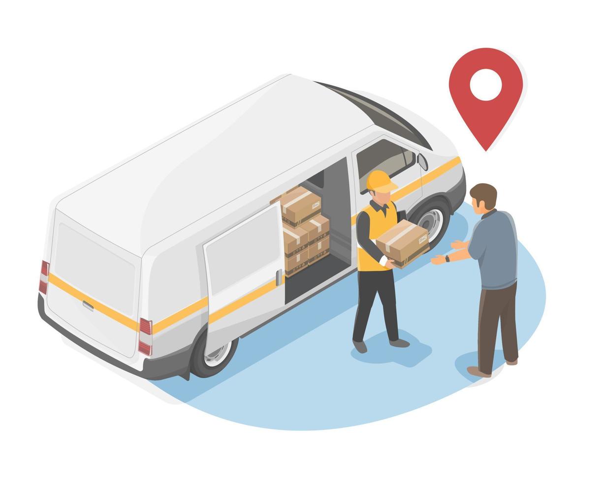 delivery van with people location logistics service logistic and shiping isometric vector