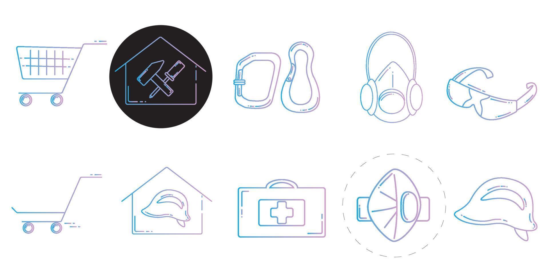 Construction store gradient icons. Set of hand-drawn vector icons with shopping carts, first-aid kits, protective equipment. For stores, websites, printing, for black and white backgrounds.