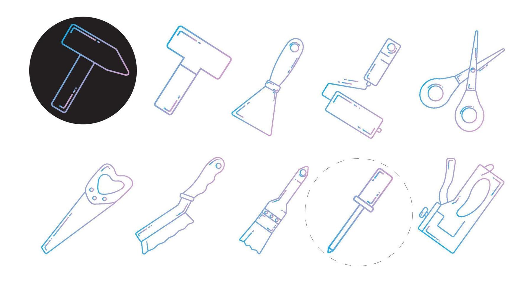 Set of building store icons with building tools in a gradient color. Contains construction tools Hammer, saw, trowel, paintbrush, screwdriver. Suitable for white and black backgrounds. vector