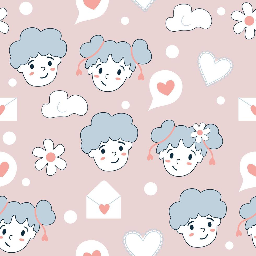 Romantic seamless pattern Valentine's Day. Be my Valentine. Couple in love, hearts, cloud, flowers on a pink background. Vector. Girl and boy. For card, textile, wrapping paper, web, stationery vector