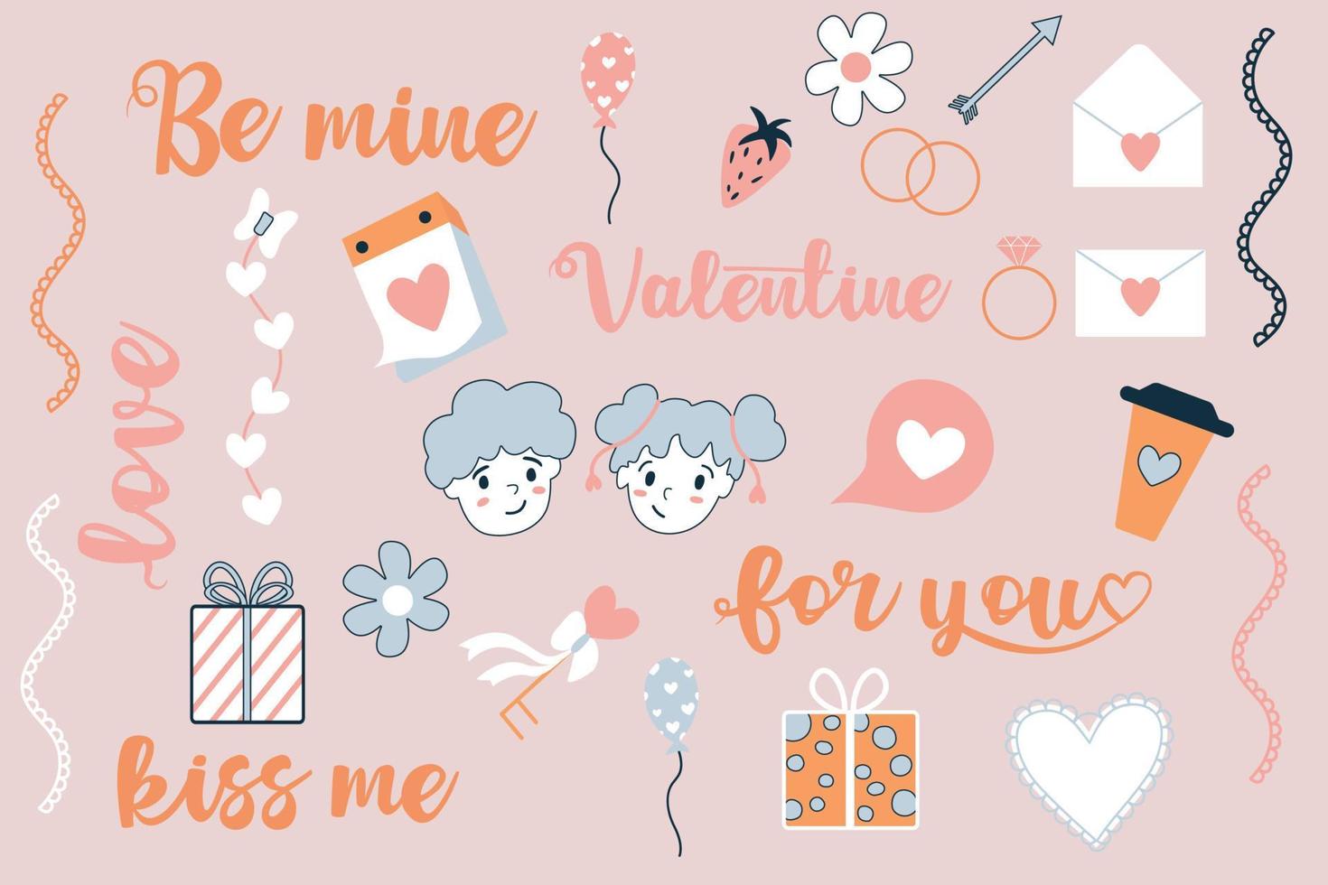 Valentine's Day stickers set. February 14. Romantic lettering and vector illustrations. Girl and boy. Cute hand drawn set of icons with hearts, gift,  letter, coffee, strawberry.