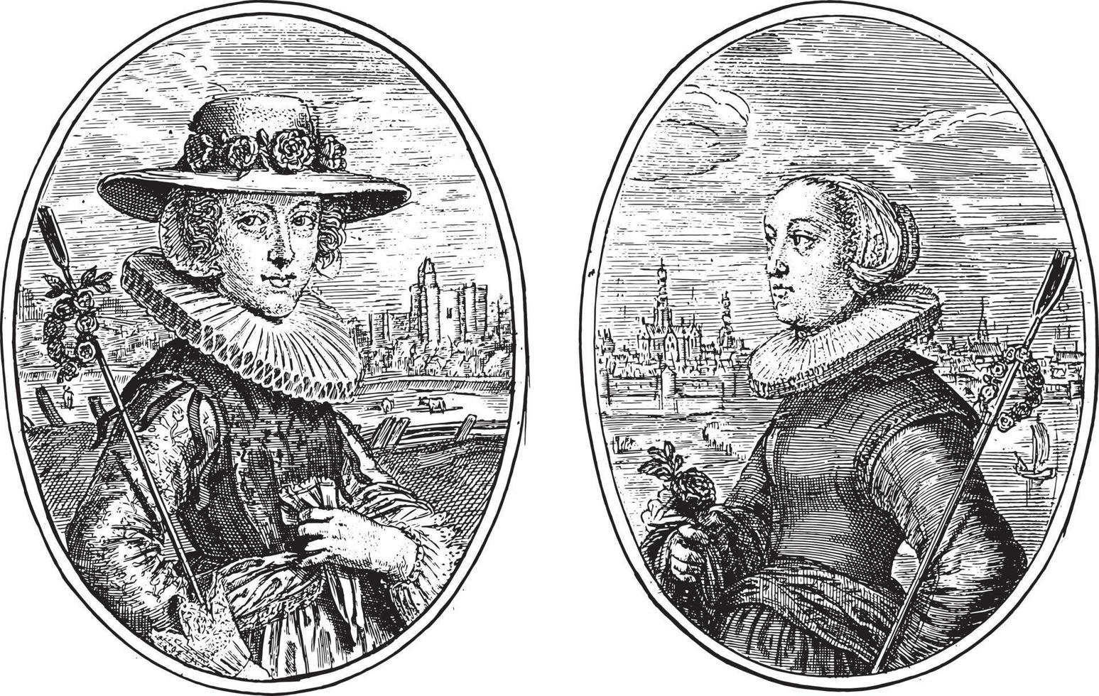retratos de dos mujeres desconocidas, ambas como pastoras, ilustración antigua. vector