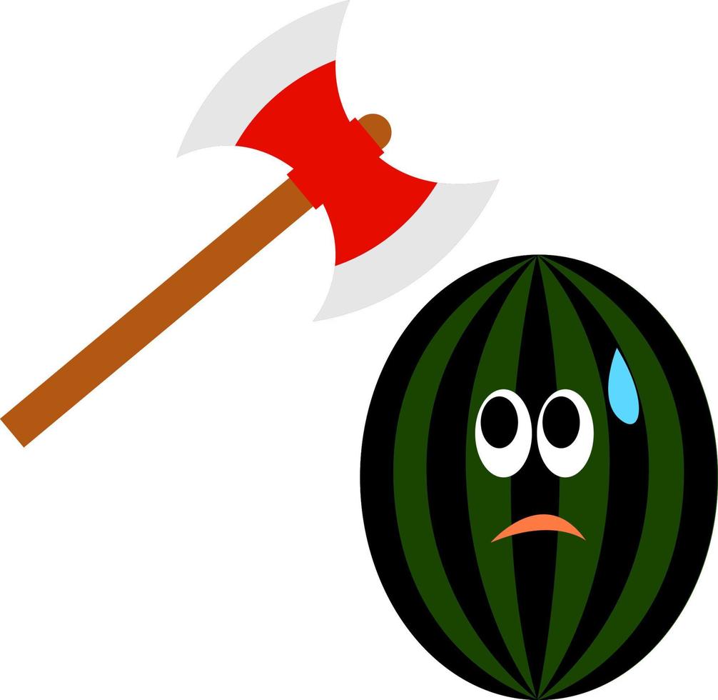 Scared watermelon and axe, illustration, vector on white background.