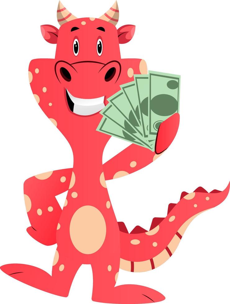 Red dragon is holding money, illustration, vector on white background.