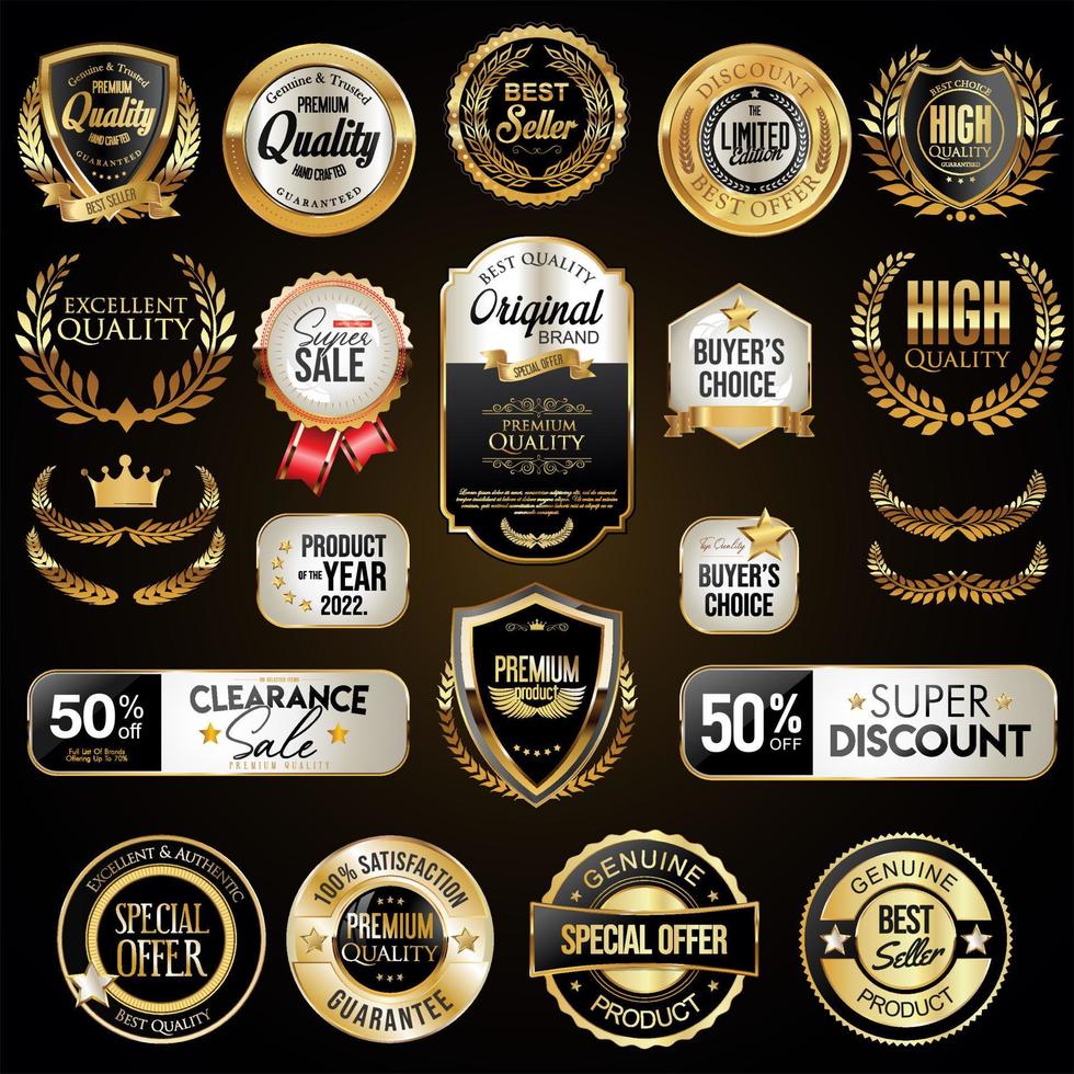 Collection of super sale golden badges and labels vector