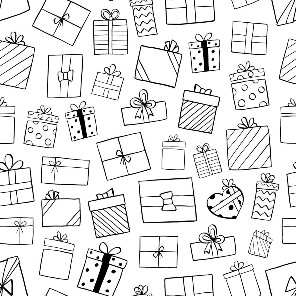 Black line doodle Gifts seamless pattern. Design for paper, covers, cards, fabrics, background and any. Vector illustration about Christmas or Birthday.