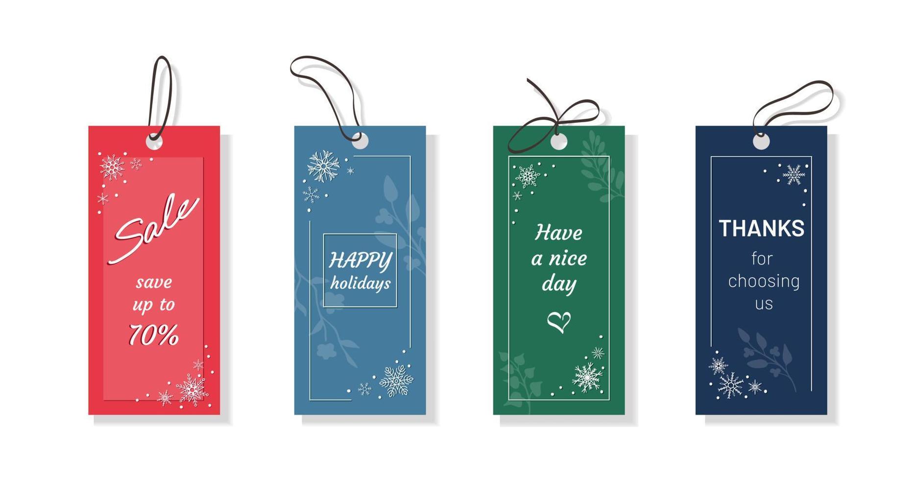 Set of vertical tags in beautiful winter color scheme, with hand drawn twigs and snowflakes. Elegant templates of labels, with samples of text. Messages for customers, greetings, sale ads, wishes vector