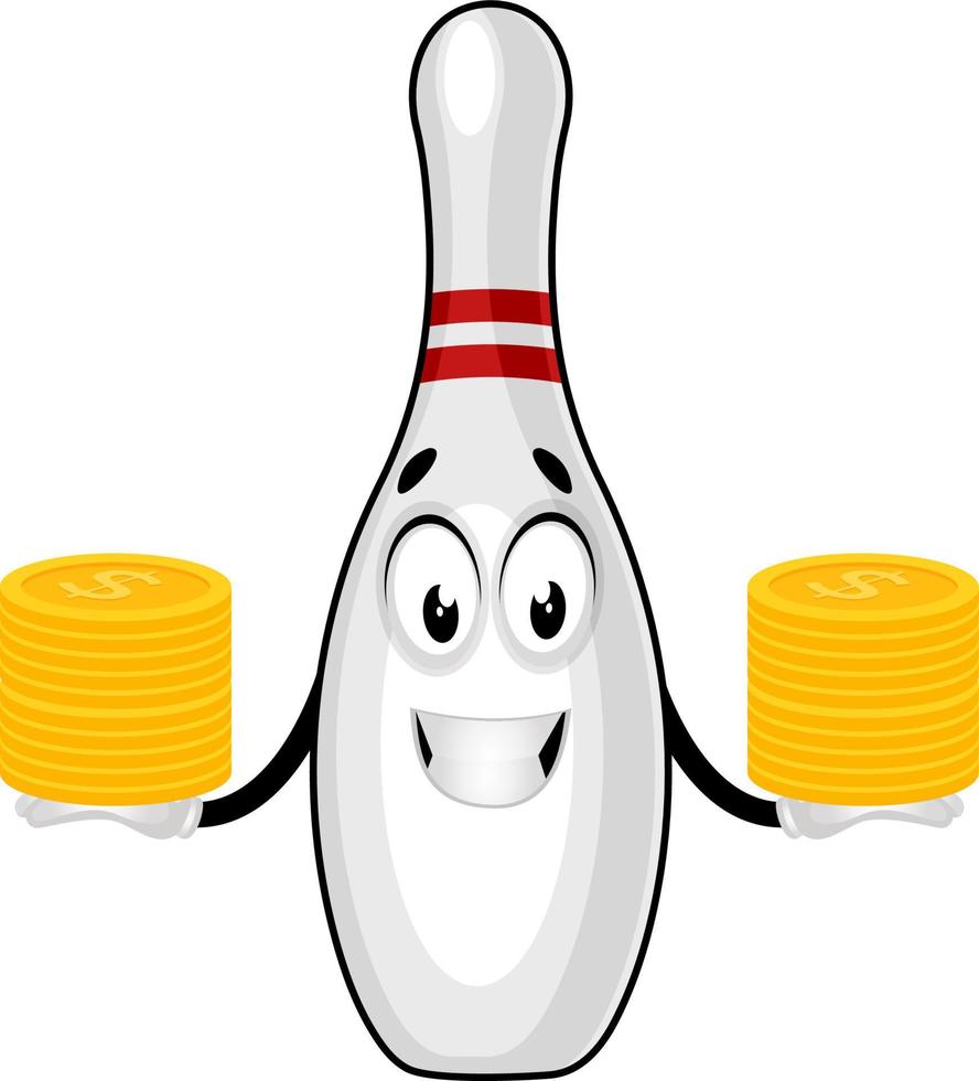 Bowling pin with coins, illustration, vector on white background.