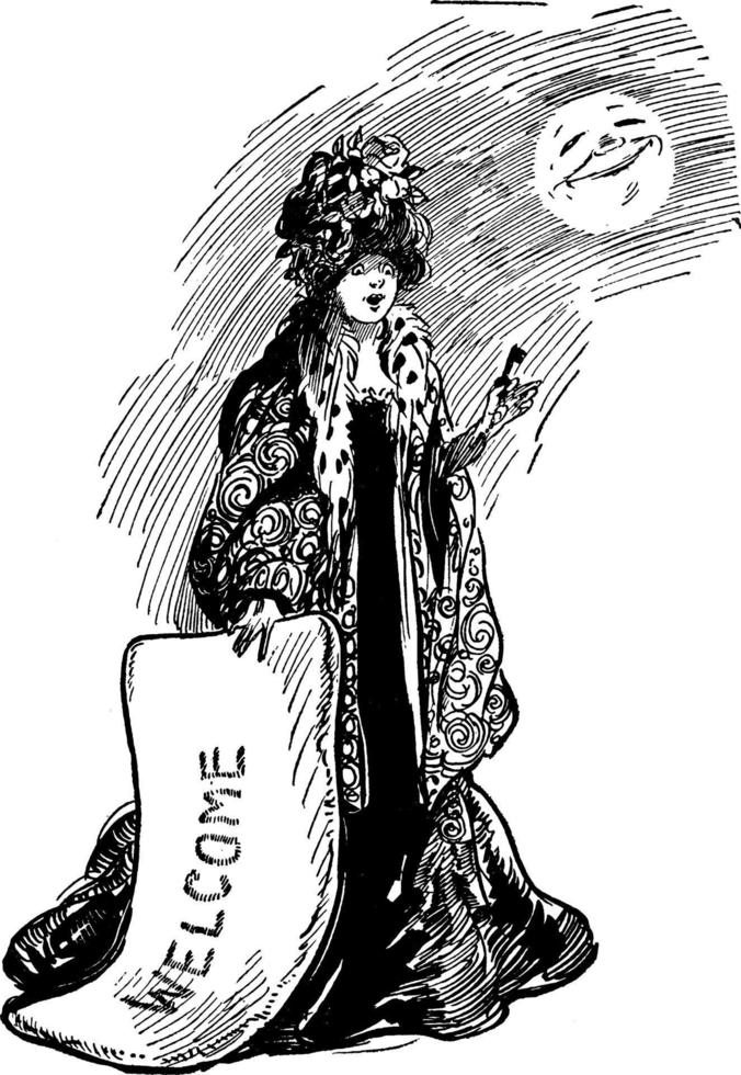 caricatura de mujer sosteniendo tapete de bienvenida, ilustración vintage. vector