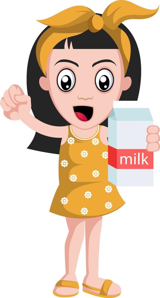 niña sosteniendo leche, ilustración, vector sobre fondo blanco.