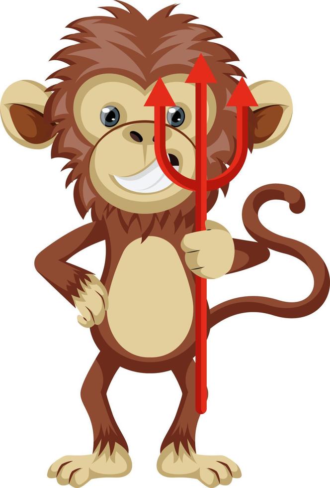 Monkey holding devil spear, illustration, vector on white background.