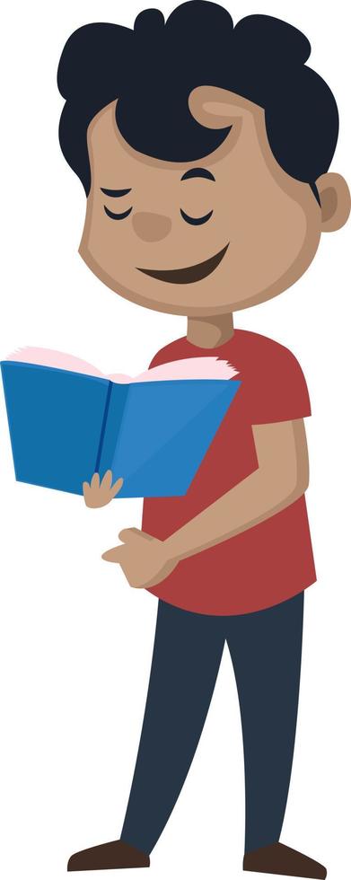 Boy is reading a book, illustration, vector on white background.