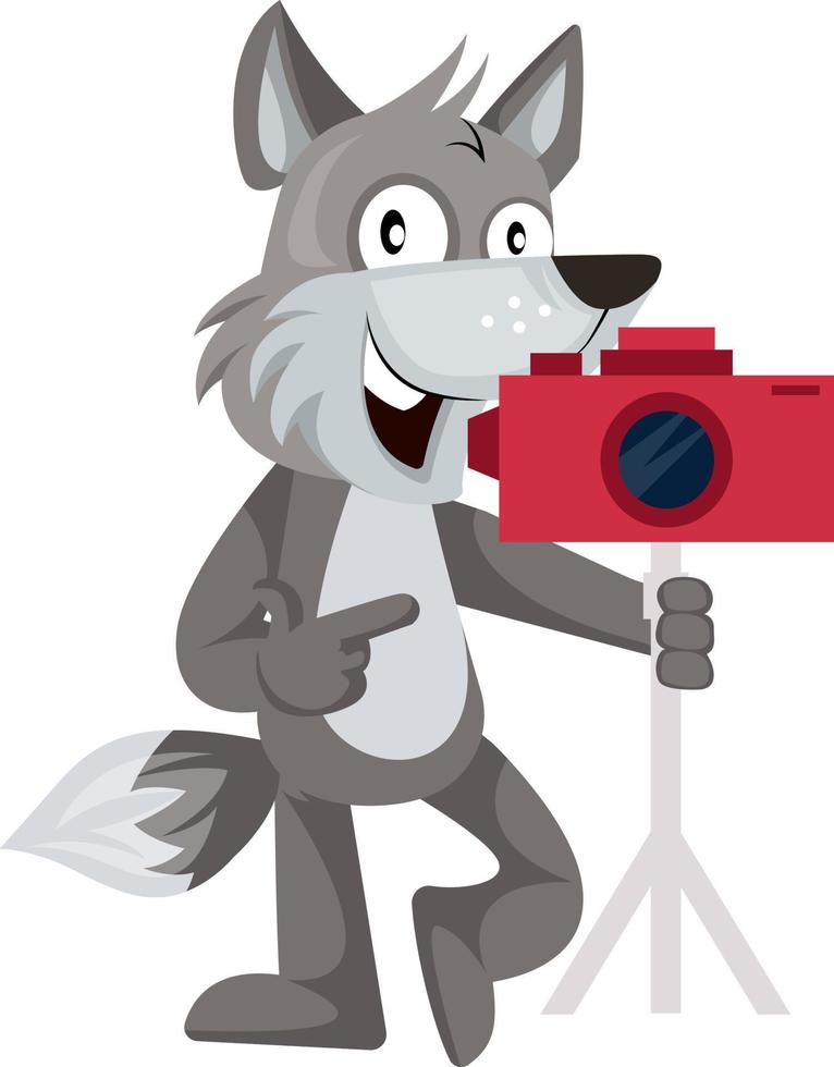 Wolf with camera, illustration, vector on white background.