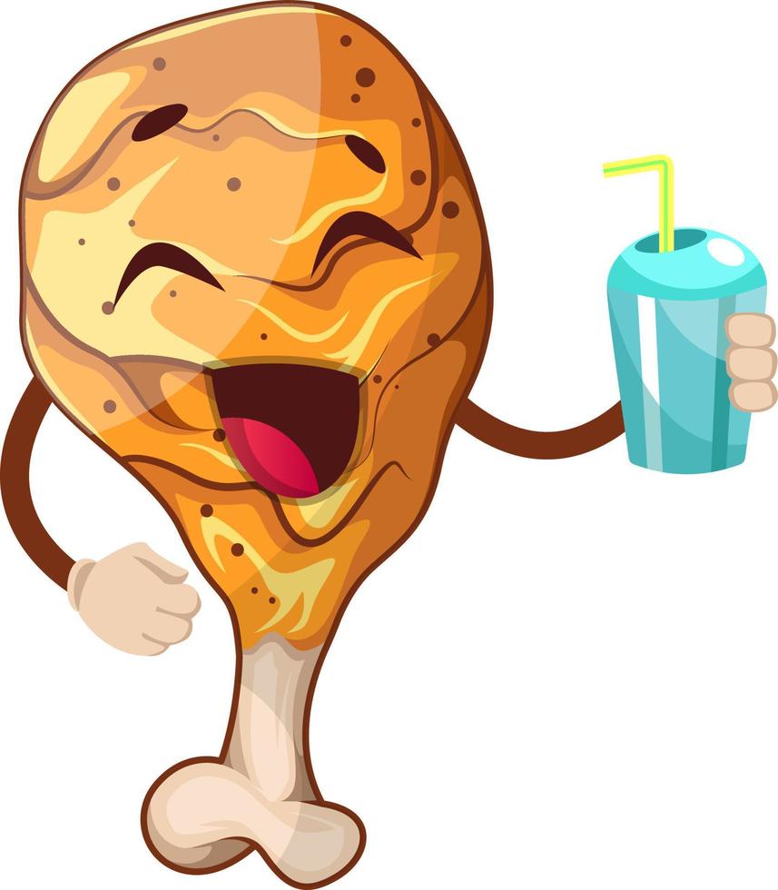 Happy chicken leg drinking juice, illustration, vector on white background.