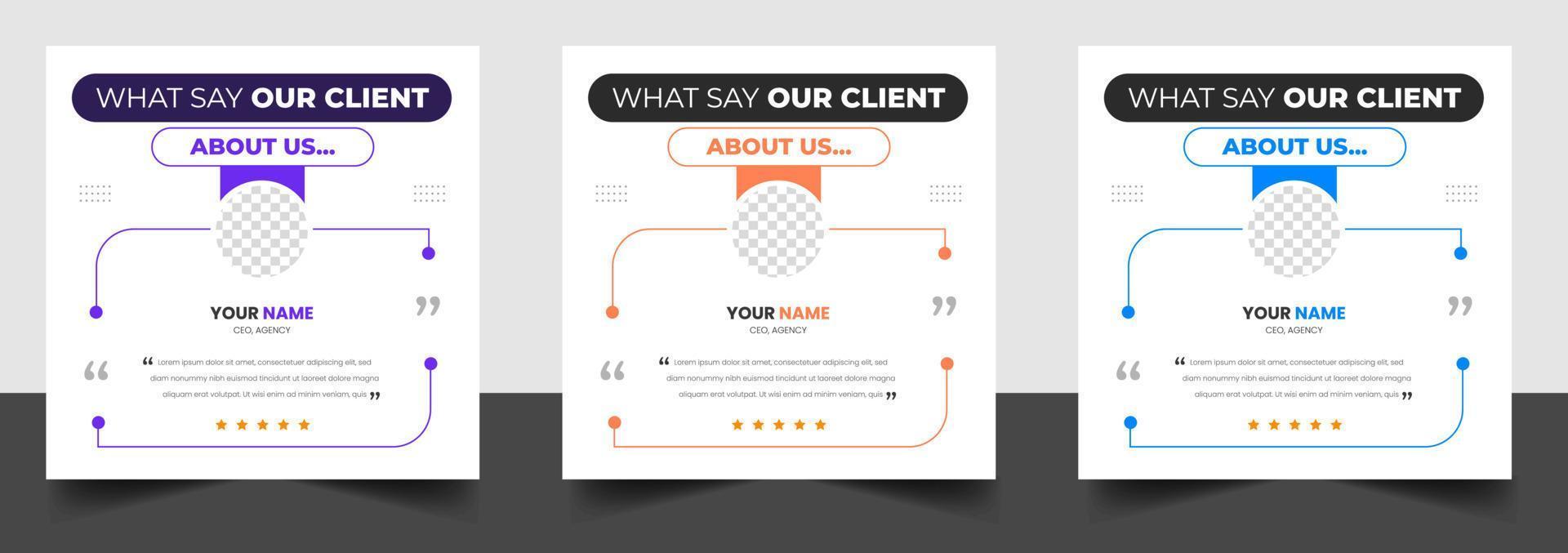 Customer feedback testimonial social media post web banner template. client testimonials social media post banner design template with purple, blue and yellow color. vector